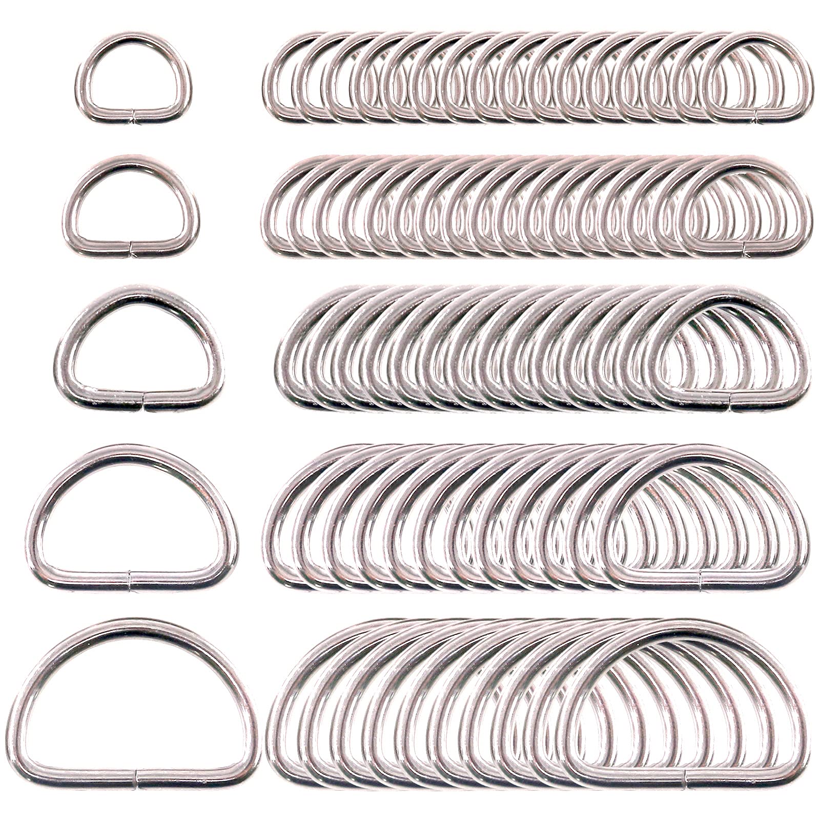 Swpeet 120 Pcs Assorted Multi-Purpose Metal D Ring Semi-Circular for Hardware Bags Hand DIY Accessories - 1/2 Inch 5/8 Inch 3/4 Inch 1 Inch 5/4 Inch