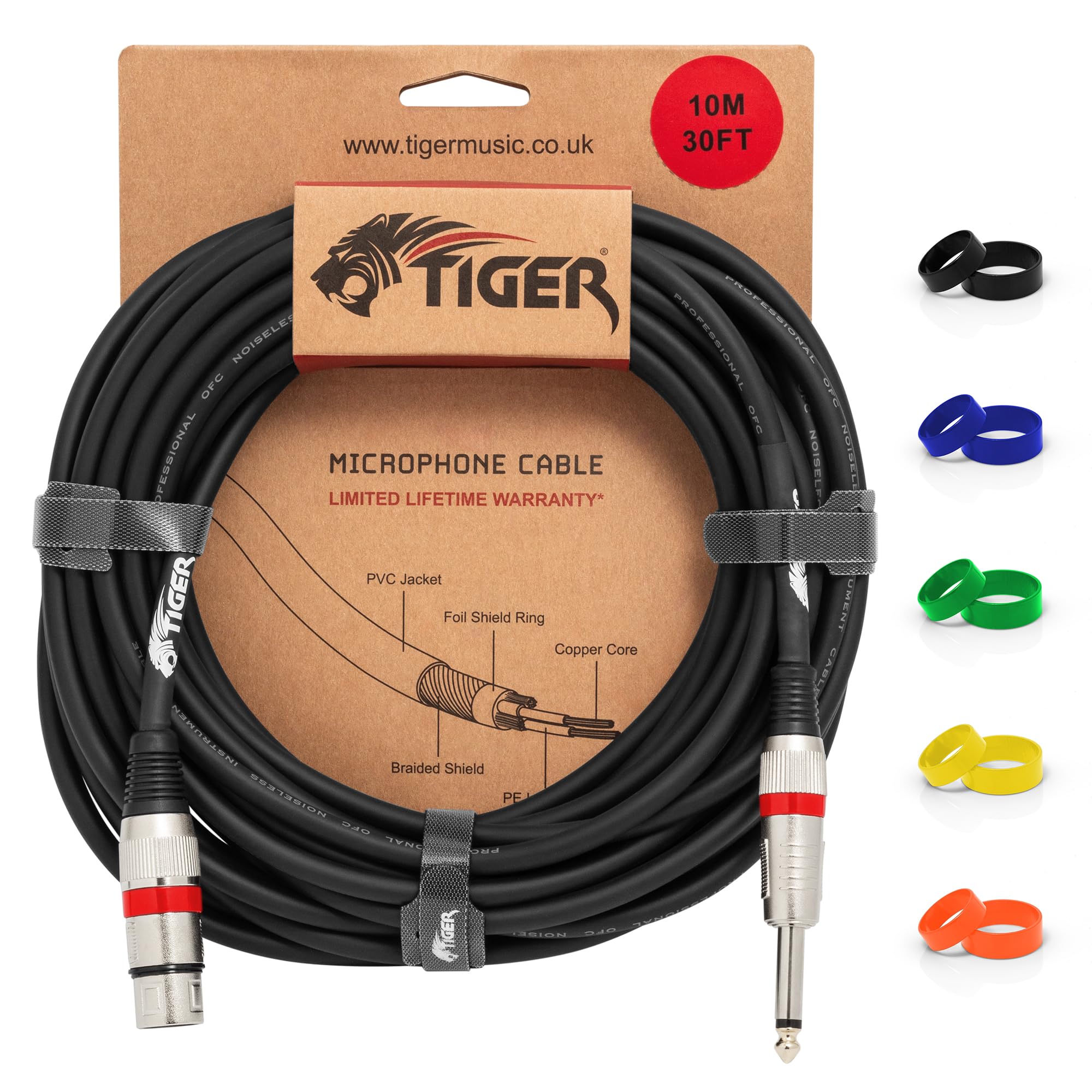 TIGER MIC6-10 Microphone Cable - 10 Metre / 30 Foot Female XLR to 6.35mm / 1/4 Inch Jack - Low-Noise Unbalanced Instrument Cable with Interchangeable Coloured Loops