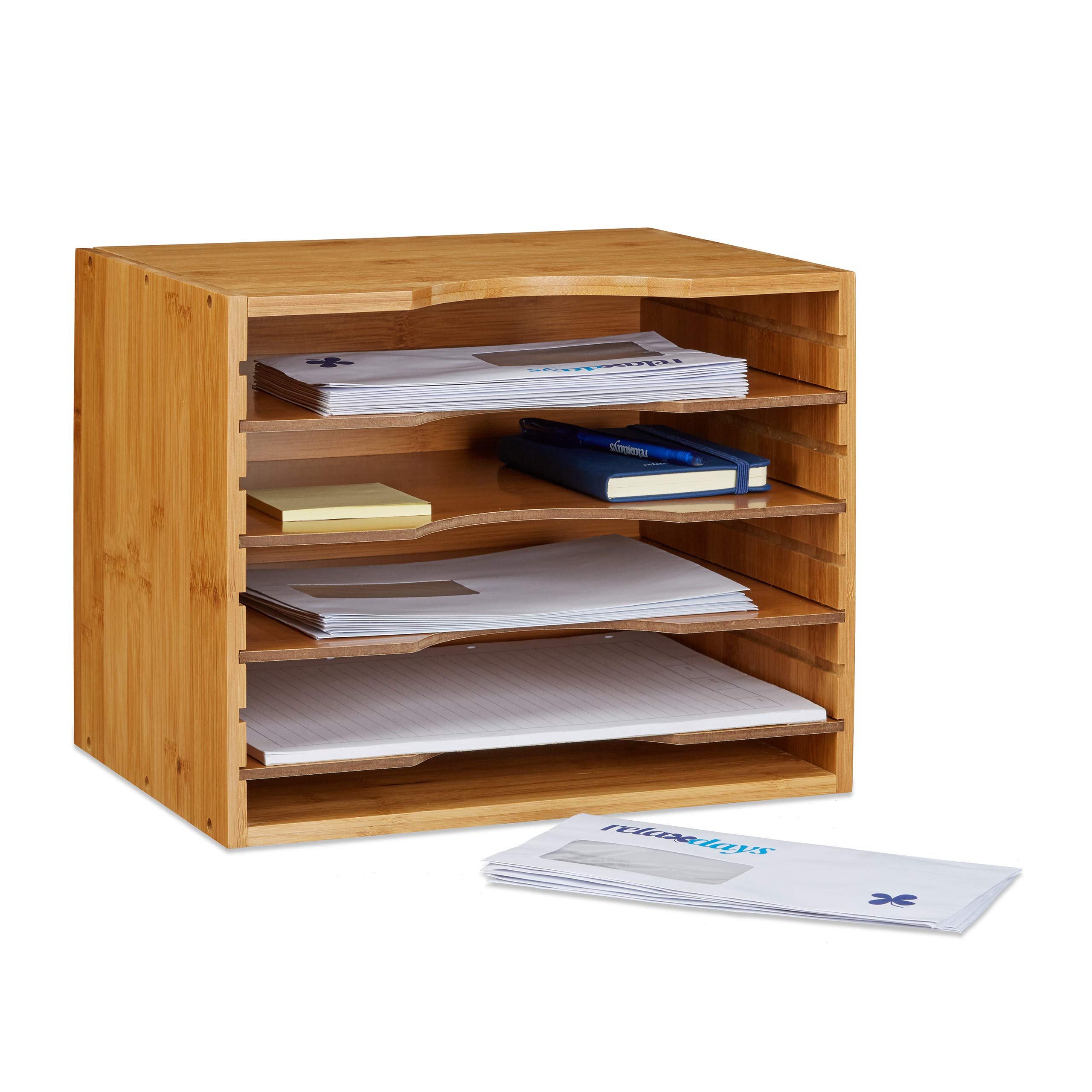 Relaxdays Bamboo File Holder, Size: 26.5 x 33.5 x 24.5 cm Storage System Desk Organizer Document Sorter with 4 Shelves Paper Organiser made of Wood for Letters and Files, Natural Brown