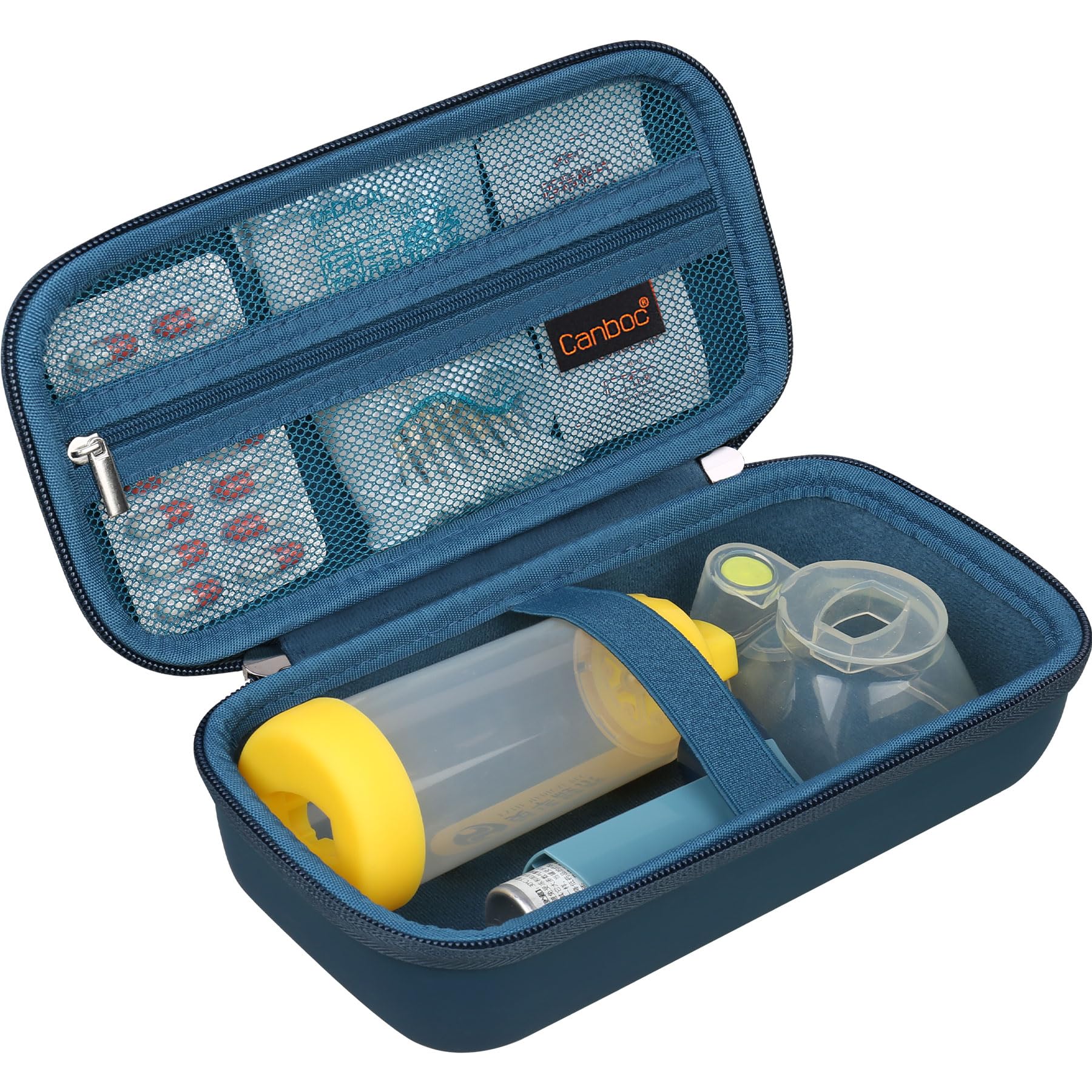 Canboc Travel Carrying Case for Asthma Inhaler, Handheld Spacer for Adults and Kids, Masks, Hard Inhaler Case with Mesh Pocket fit Medicine and Other Essentials, Blue (Case Only)