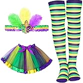 Jutom 3 Pcs Mardi Gras Costume Accessory Set for Women Includes Feather Headband Mardi Gras Tutu Skirt Long Socks for Women Outfit Party Favors Carnival