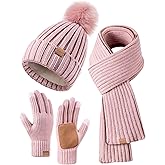Winter Beanie Hat Scarf Gloves Set for Women, Winter Hats for Women Fleece Lined Warm Thermal, Womens Beanie with Pom Pom Long Scarf Neck Warmer Touchscreen Gloves 3 in 1 Cold Weather Set(B-05) Pink