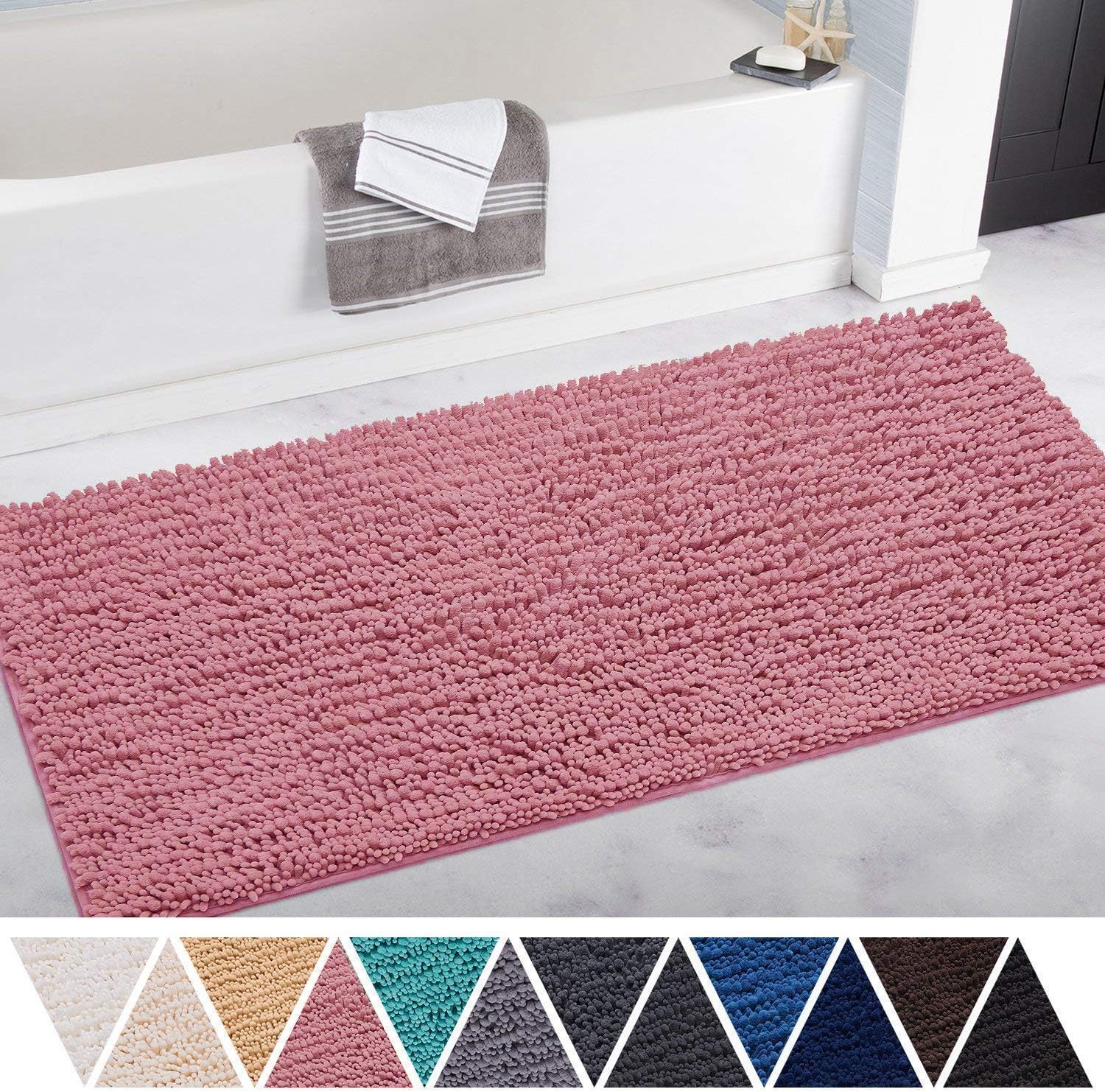 DEARTOWN Non-slip Thick Microfiber Bathroom Rugs, Machine-Washable Bath Mats with Water Absorbent (27.5x47 Inches, Style 1: Pink)