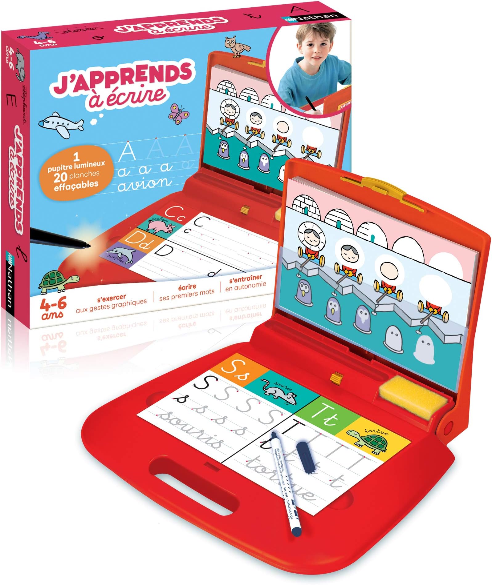 Nathan - I learn to write - exercise in graphic gestures, write your first words - educational game - develop autonomy - 1 luminous music stand included - for children aged 4 to 6 years