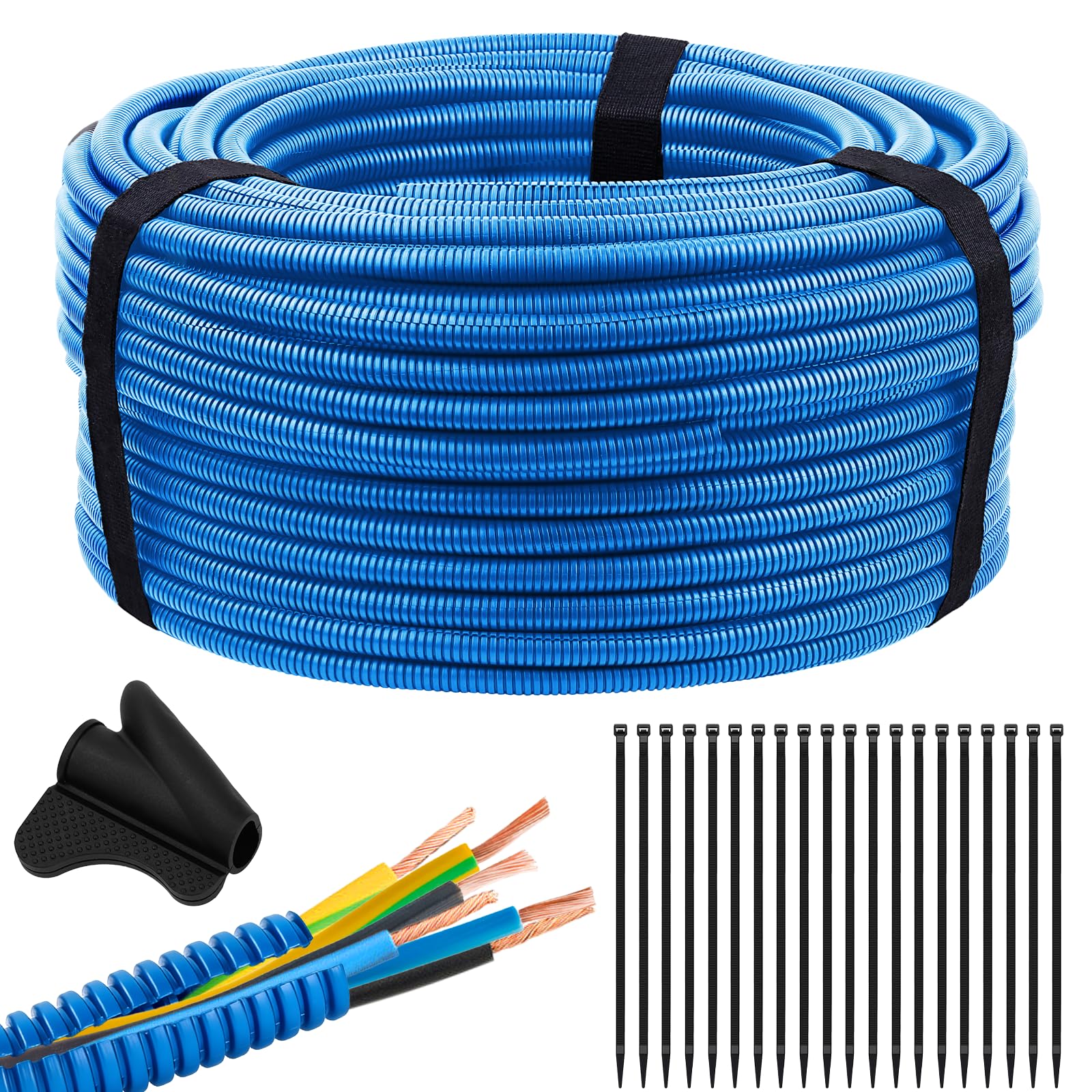 Photo 1 of 100FT Blue Split Wire Loom Tubing, 3/4 Inch Wire Protector Tubing, Automotive Wire Flexible Conduit Cord Covers with Installation Tool 50 Cable Ties for Marine Agriculture Electrical Cable Protection