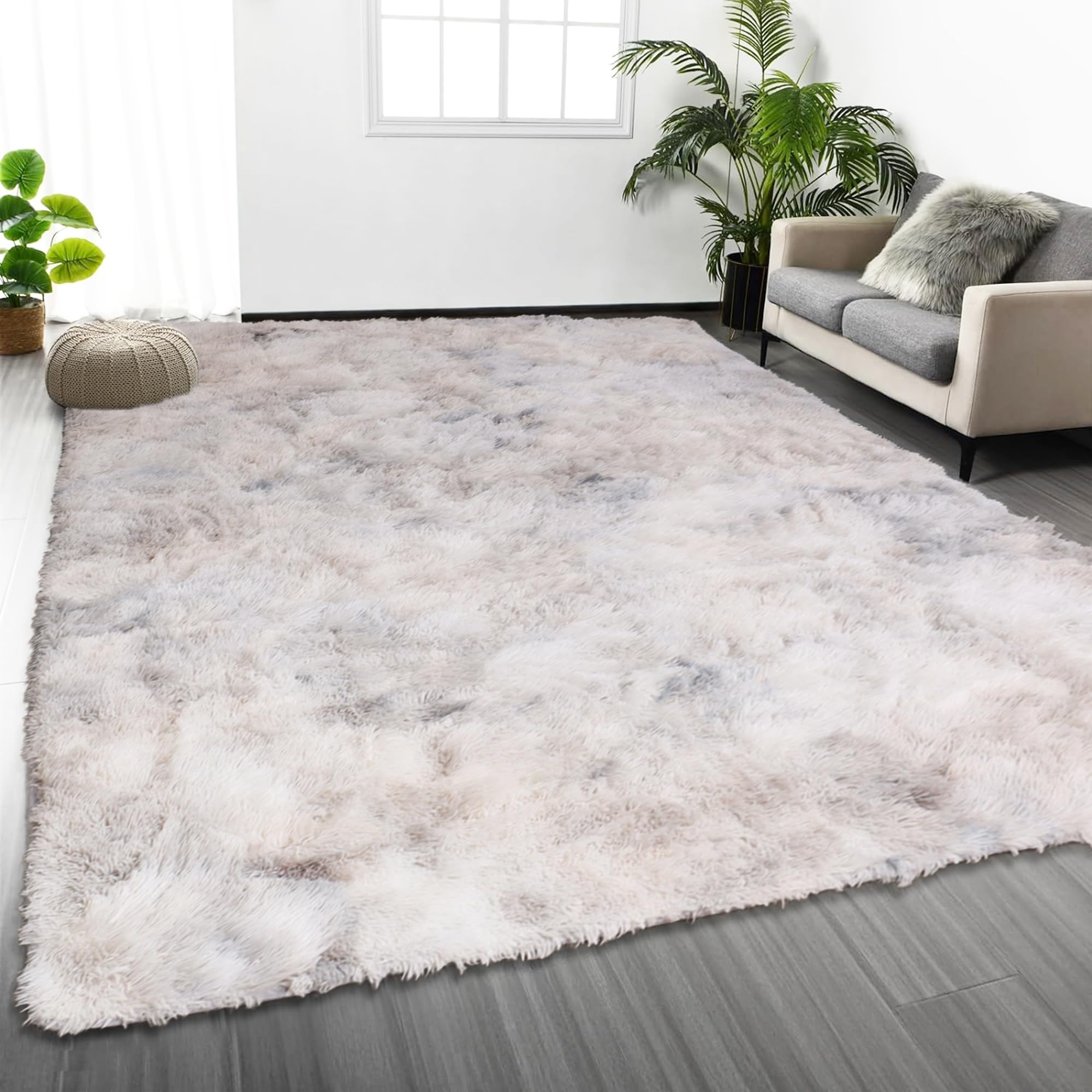 Oxford Homeware Rugs Living Room – Tie-Dye Light Grey Area Rugs for Bedroom, Hallway Runner 80x150 cm Anti Slip – Modern Super Soft Plush Carpets Fluffy Shaggy Non Shedding Bedside Rug