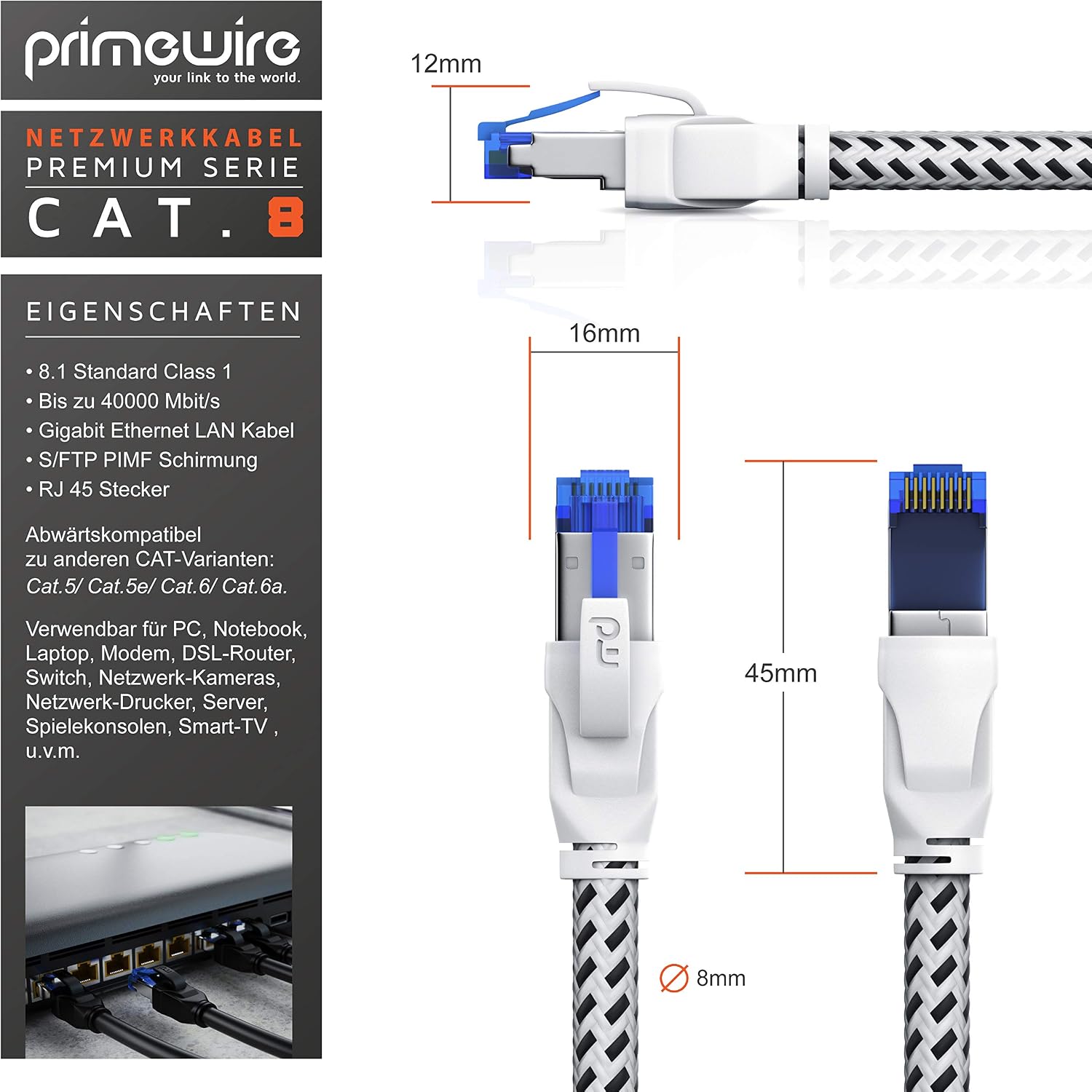 CSL, CAT 8.1 Network Cable 40 Gbits, 3 m, Cotton Sheath, LAN Cable Patch Cable Data Cable RJ45, CAT 8 Gigabit Ethernet Cable - Image 3