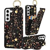 Petitian for Samsung Galaxy S22 Case with Wallet - Women Girls Cute Girly Aesthetic Unique Design Leather Credit Card Holder Cardholder Stand Wristband for S22, Grow Flower