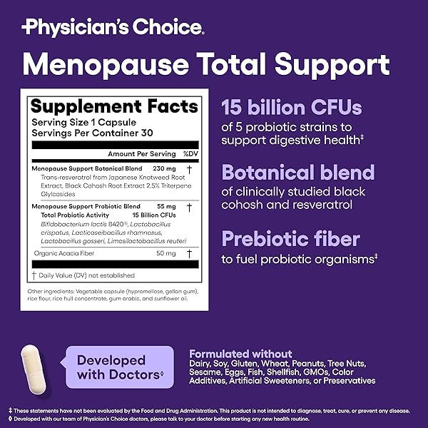 PHYSICIAN’S CHOICE MENOPAUSE PROBIOTIC SUPPLEMENT FOR WOMEN – SUPPORTS HORMONE BALANCE, HOT FLASHES, NIGHT SWEATS, WEIGHT MANAGEMENT, BLOATING & GUT HEALTH – WITH BLACK COHOSH, RESVERATROL+ – 30CT