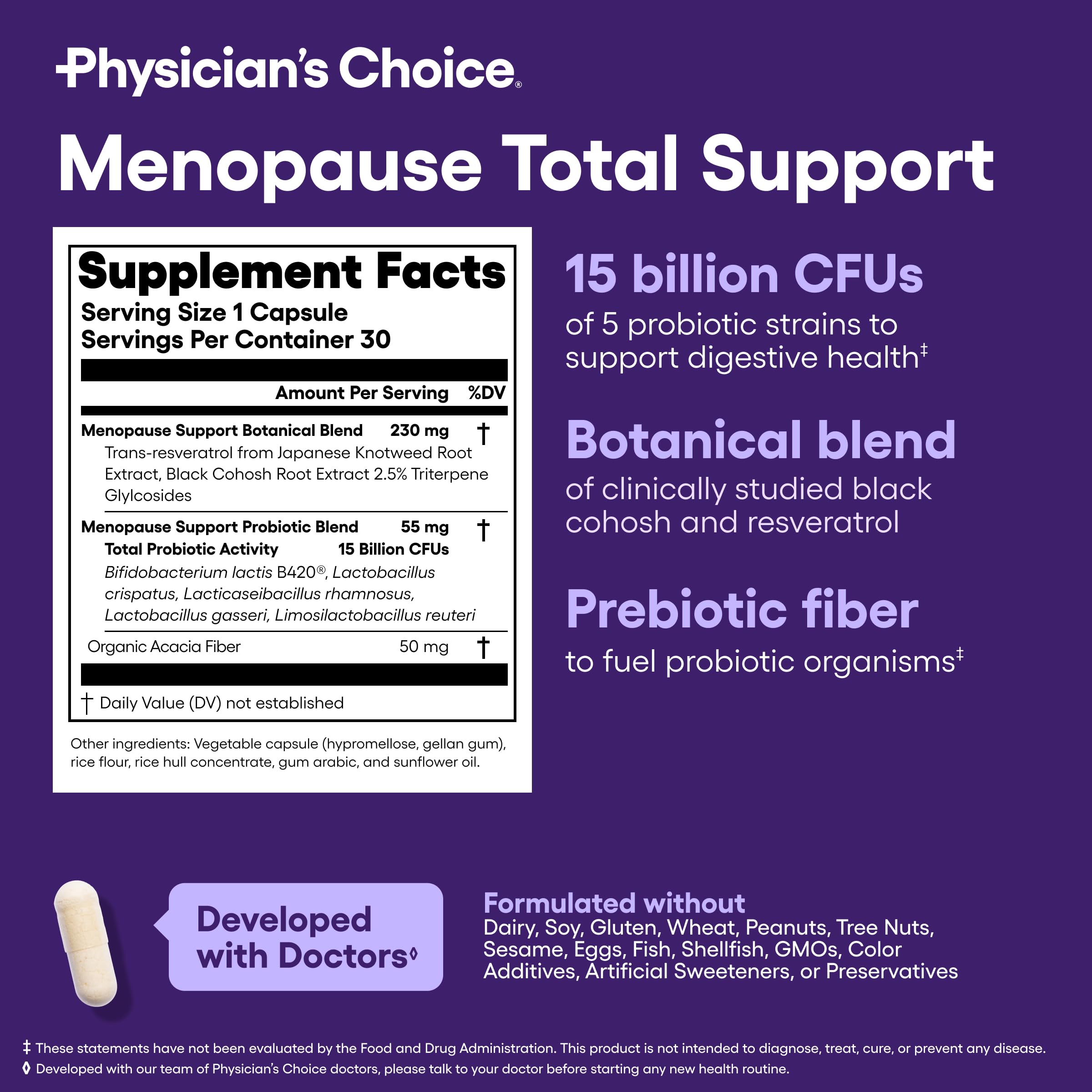 Physician's CHOICE Menopause Probiotic Supplement for Women - Natural Support for Hot Flashes, Night Sweats, Hormone Balance, Weight Management & Bloating - with Black Cohosh & Resveratrol - 30ct