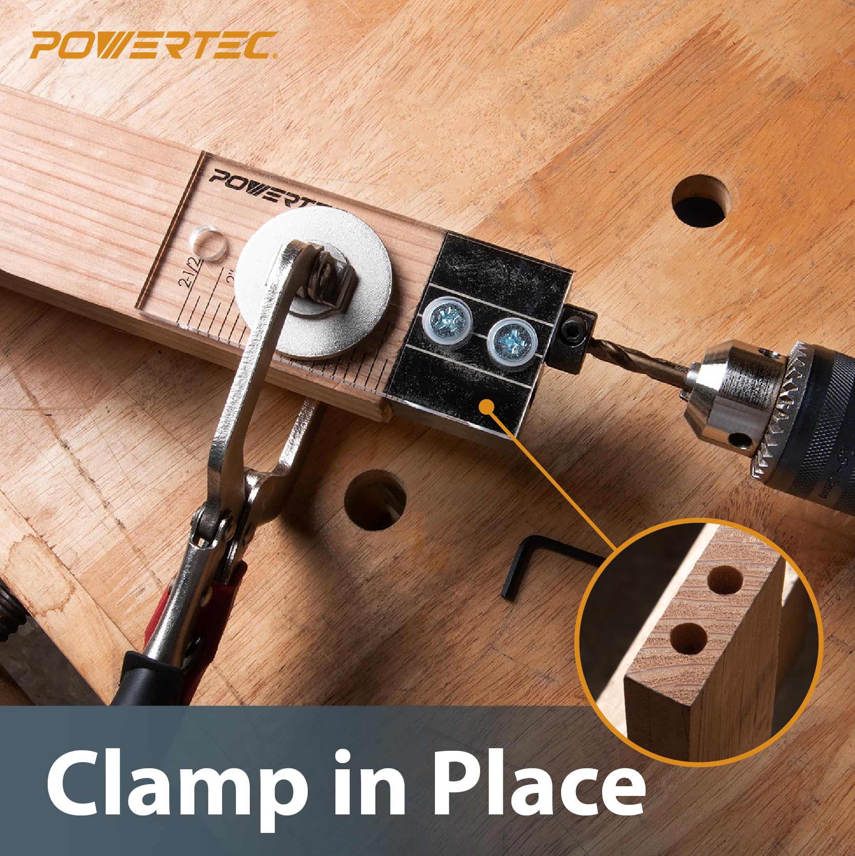Powertec 71716 Dowel Drilling Jig With Laser Cut Witness Mark, Included Depth Scale, Cobalt M-35 Drill Bit And Split Ring Stop Collar, 3/8-Inch