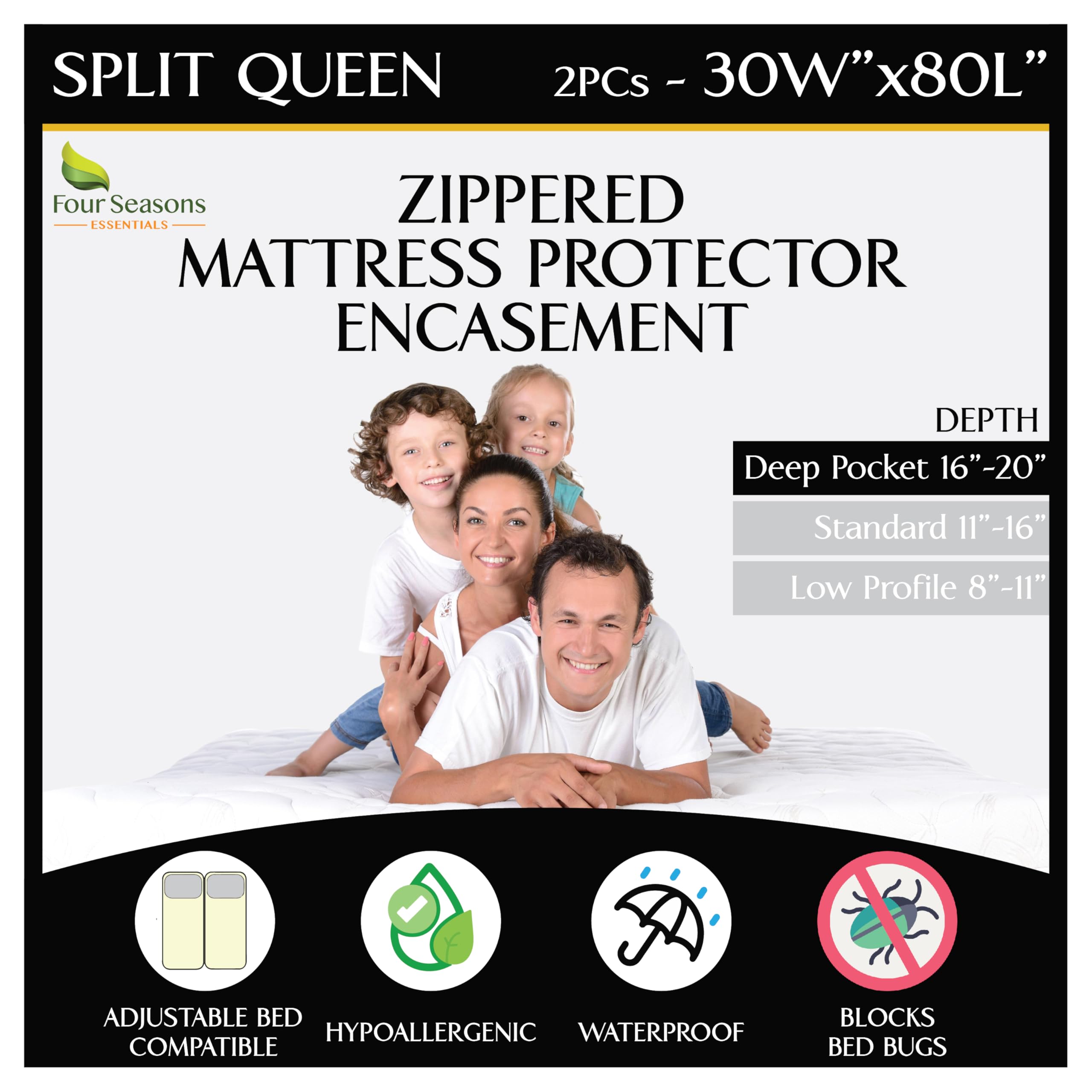Photo 1 of Split Queen Mattress Encasement 30" x 80" (2PCs) - Waterproof Zippered Protector Hypoallergenic Premium Quality Bed Cover for Adjustable Beds and Split Mattresses (16"-20" Depth)