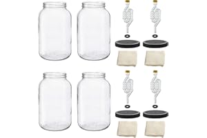 North Mountain Supply 1 Gallon Glass Wide Mouth Jar With Drilled Black Plastic Lid, 6-Bubble, & Cheesecloth - Set of 4 - USDA Approved, BPA-Free, Dishwasher Safe For Fermenting