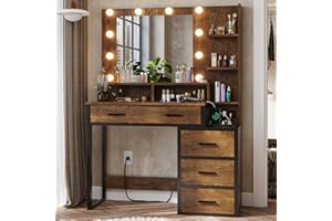 Tiptiper Vintage Vanity Desk, Makeup Vanity with Mirror and 10 LED Lights, 3 Lighting Modes, Makeup Table with 2 USB Ports and Outlets, Vanity Table with 5 Drawers,Nightstand and Storage Shelves