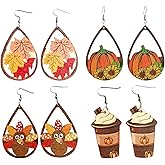 4 Pairs Thanksgiving Earrings for Women Wood Sunflower Pumpkin Coffee Cup Dangle Earrings Chicken Drop Dangle Earrings Lightweight Maple Leaf Autumn Earrings For Thanksgiving Day Jewelry