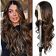 LLEI'Z Ombre Dark Brown Wavy Wig for Women, 13x4 Transparent Lace Front Long Dark Brown Wigs Middle Part Wavy Natural Looking Synthetic Heat Resistant Fiber for Daily Party Use 26 Inch