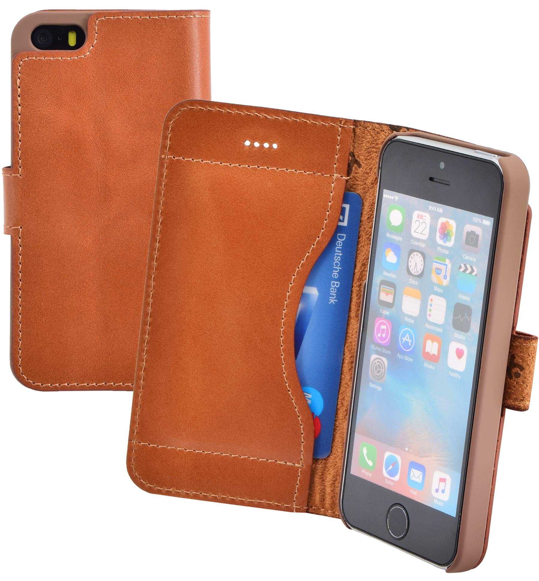 Suncase Book-Style Case Compatible with iPhone SE / iPhone 5S / iPhone 5 Leather Case with Stand Function and Card Compartment Cognac