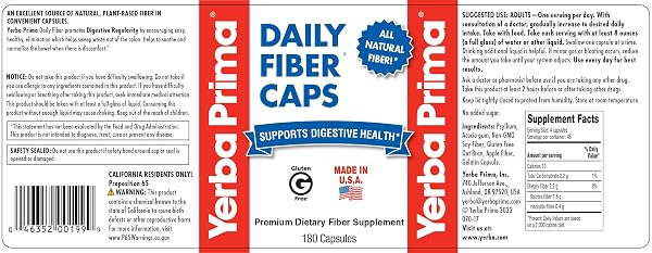 YERBA PRIMA DAILY FIBER CAPS – 180 CAPSULES, (PACK OF 4) – SOLUBLE & INSOLUBLE DIETARY FIBER SUPPLEMENT – COLON CLEANSE – GUT HEALTH – VEGAN, NON-GMO, GLUTEN-FREE