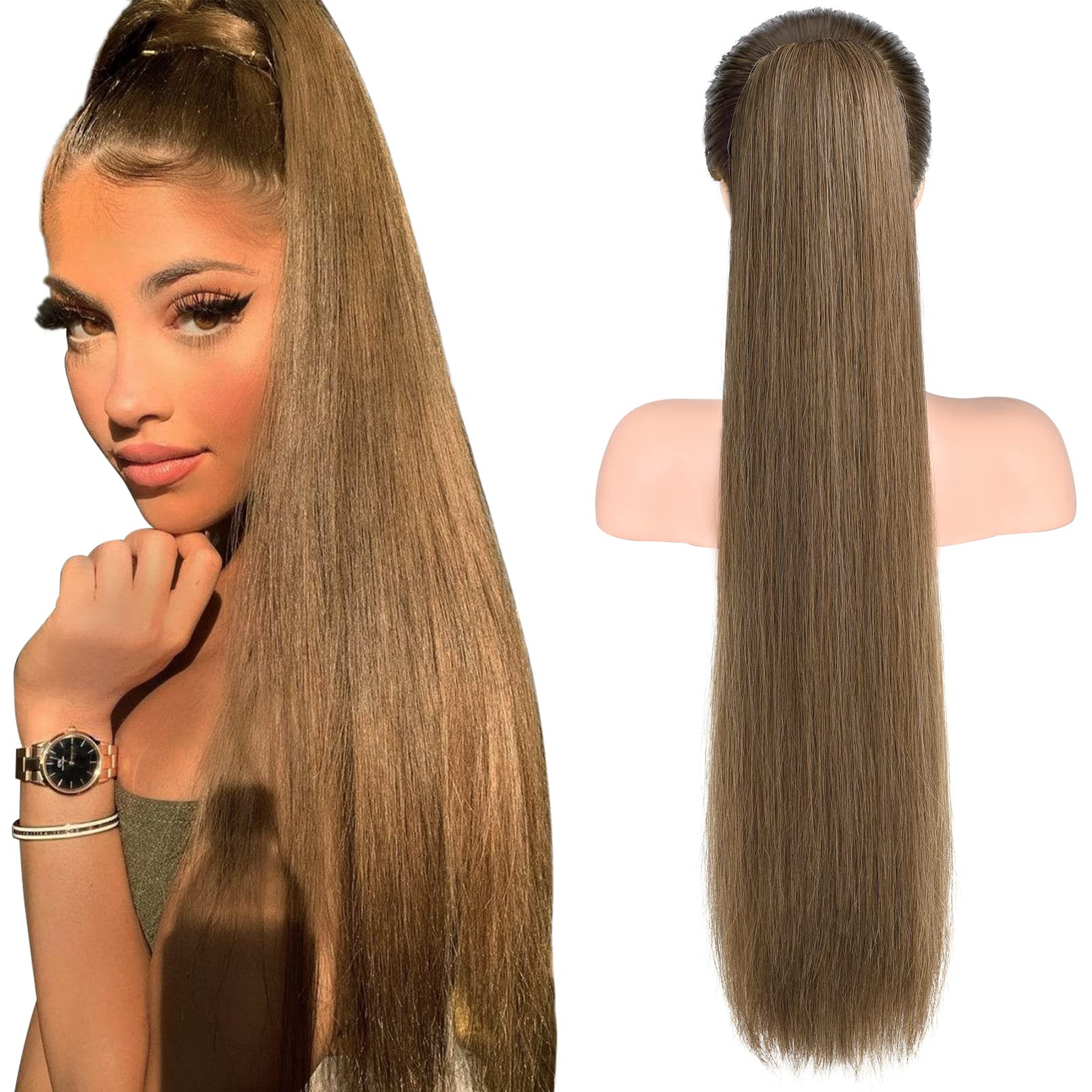 Photo 1 of SEIKEA 28" Ponytail Extensions Drawstring Long Straight Fake Pony Tail Natural Soft Clip in Hair Extension Synthetic Heat Resistant Hairpiece - Ash Blonde with Golden Blonde