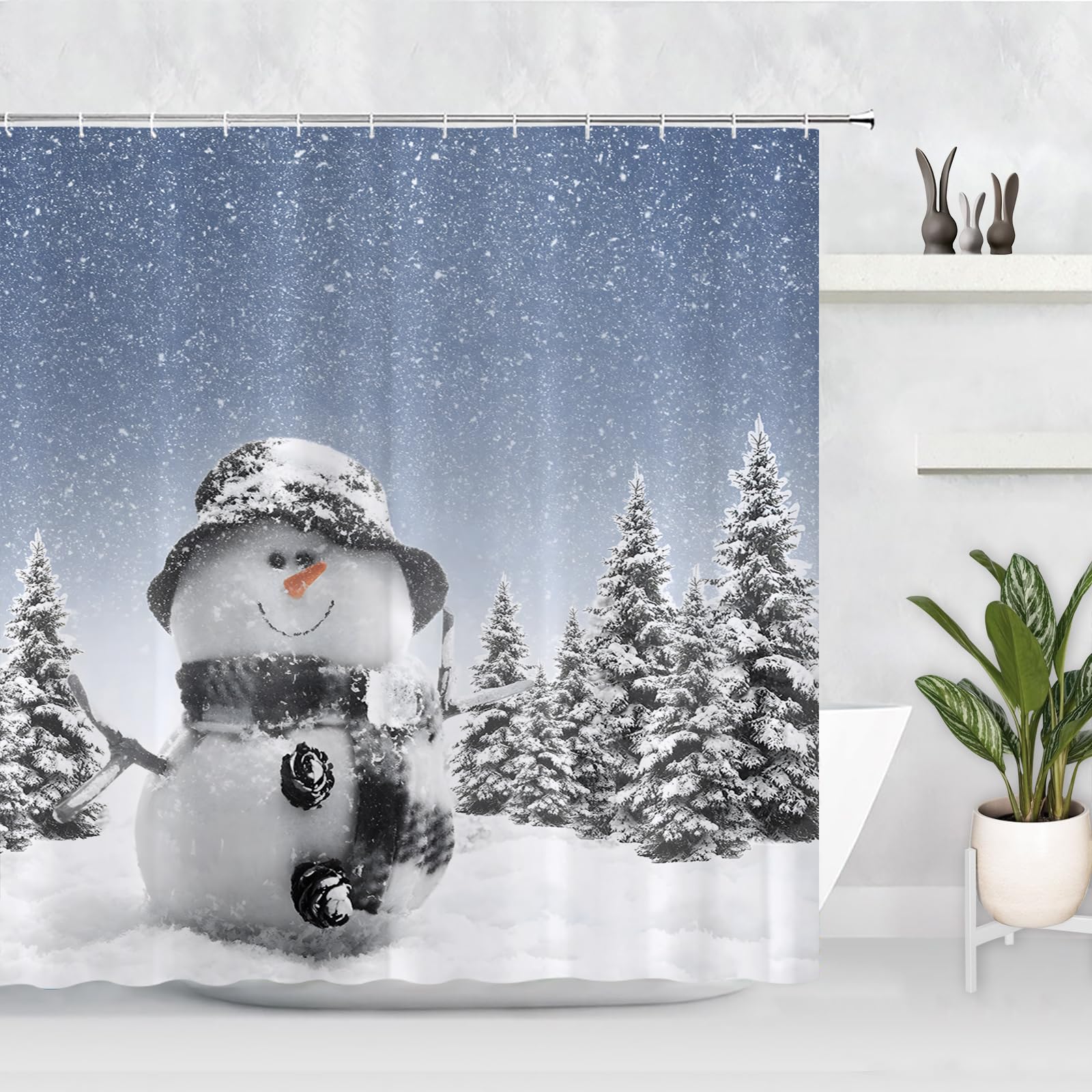 Gaakvrr Winter Christmas Shower Curtain, Cute Snowman Snowflake Scene Shower Curtains for Bathroom, Pine Tree Covered Snow Fabric Bath Curtains Set with Hooks 200x180cm