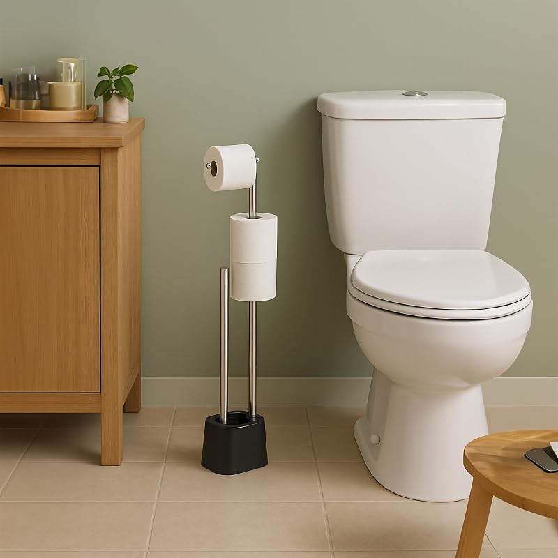 Juego de baño Relaxdays, Acero Inoxidable, 65,5 x 13 x 16 cm, Soporte de Papel higiénico con escobilla, Negro/Blanco