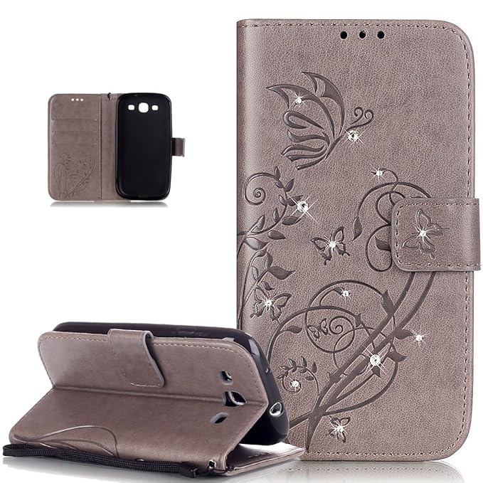 Kompatibel mit Galaxy S3 Neo Hülle,Galaxy S3 Hülle,Strass Glänzend Prägung Blumen Reben Schmetterling PU Lederhülle Handyhüll