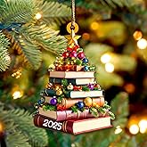 Pack 2 Book Tree Christmas Ornament (1 Wood+1 Acrylic), 2025 Bookworm Christmas 2D Flat Ornaments, Gift for Book Lovers, Readers, Librarian, Friends - Bookish Club Gifts for Women, Xmas Tree Decor