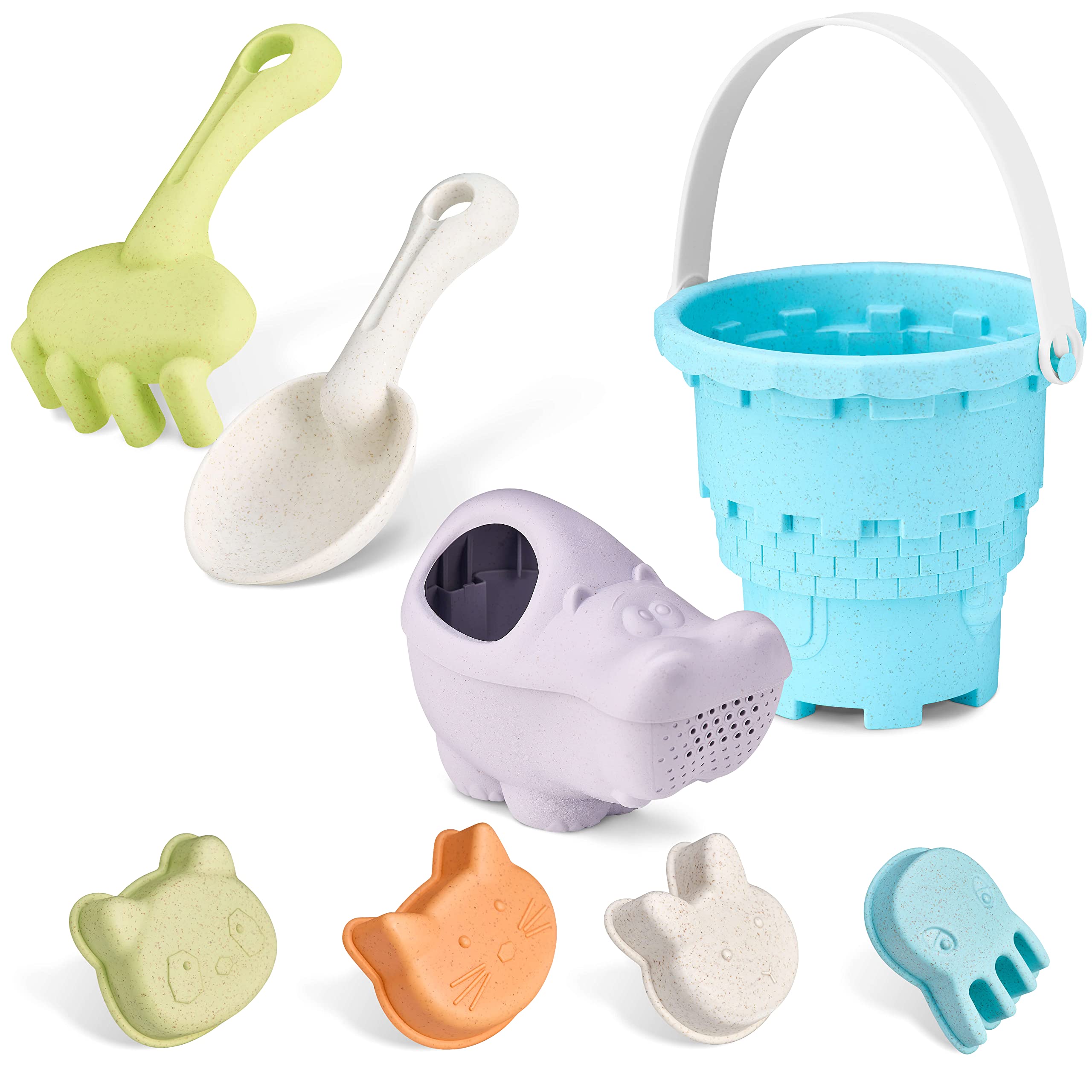 Balinco Sandpit Toy Set: Sandcastle Bucket, Watering Can, Rake, 4 x Animal Sand Moulds, Robust Organic Plastic, Earthy, Neutral, Beach Theme