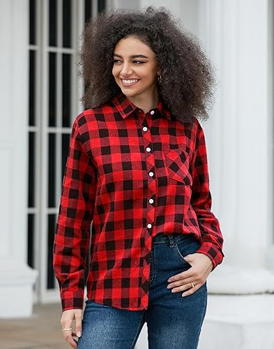 SANGTREE Womens Plaid Flannel Shirt Long Sleeve Button Down Shirts