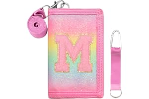 SiorVeol Kids Wallet Girls Trifold Initial Glitter Wallets with Zipper and Card Slots Including Neck Lanyard and Hanging Strap, Rainbow, M