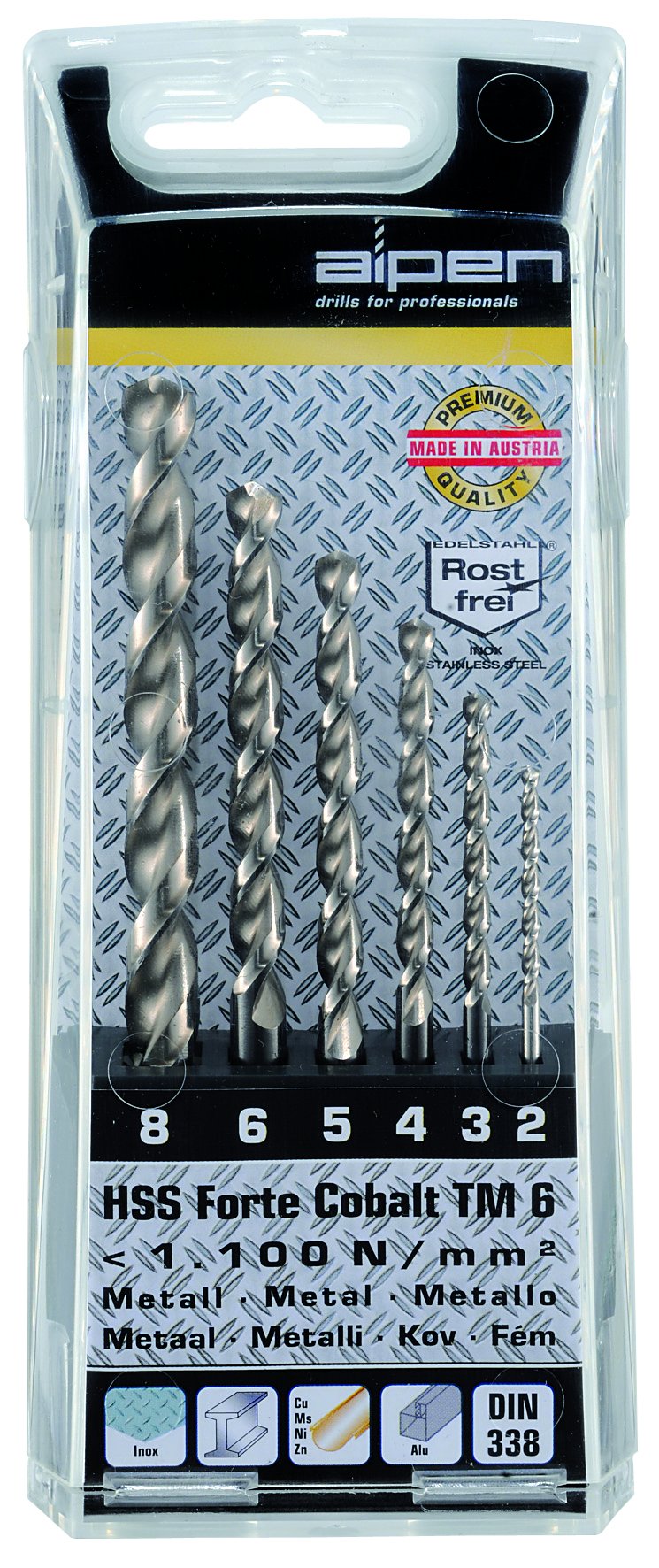 alpen HSS Cobalt Forte Short Spiral Drill Bit DIN 338, 2–8 than MM diameter, 6–Piece Set in Plastic Box, 100616100
