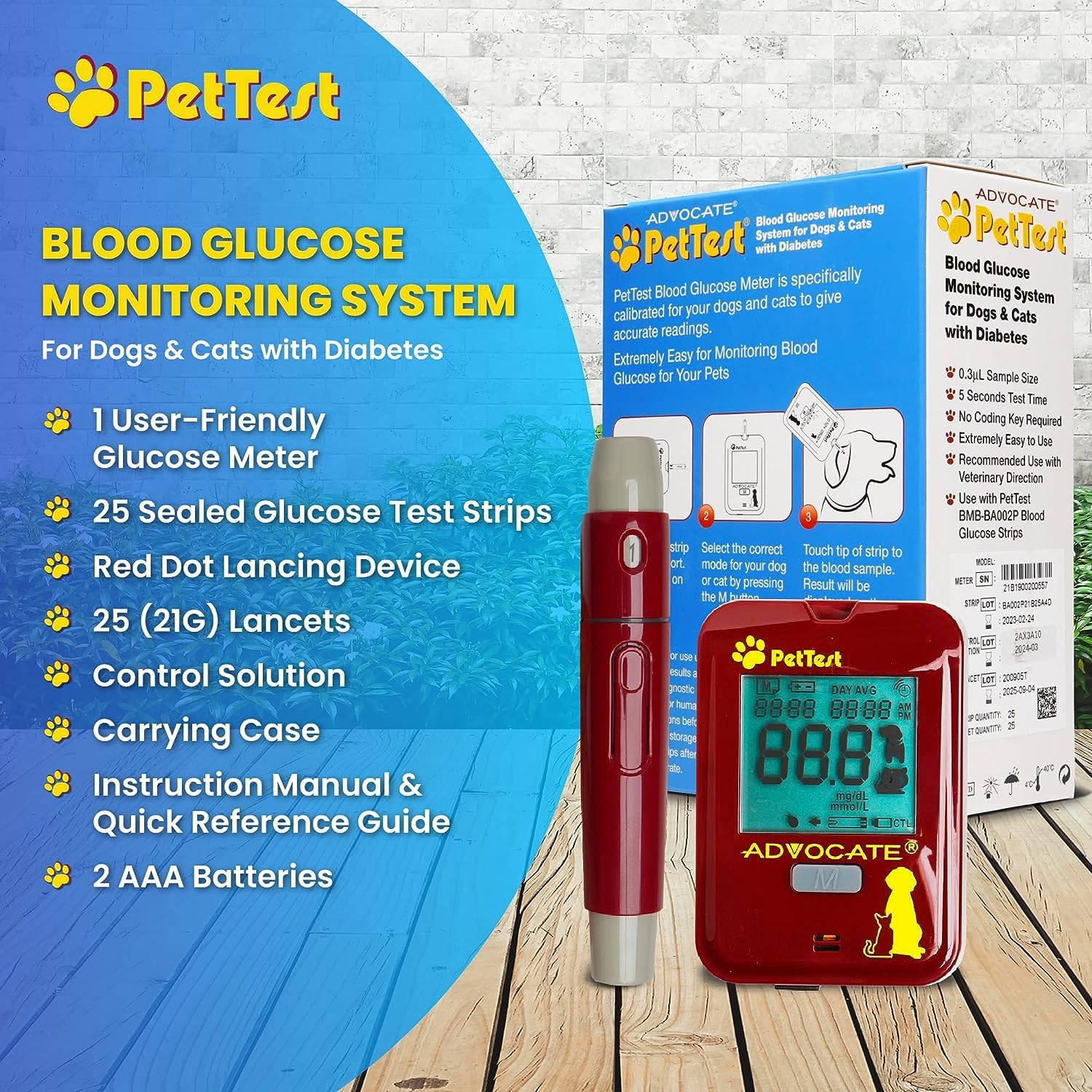 PetTest Expert Glucose Monitoring Kit for Dogs & Cats, Diabetic Pet Blood Sugar Check Gear, Includes Classic Meter, 25 Test Strips, Lancing Device, 25 Lancets, Soft Carrying Case, and More