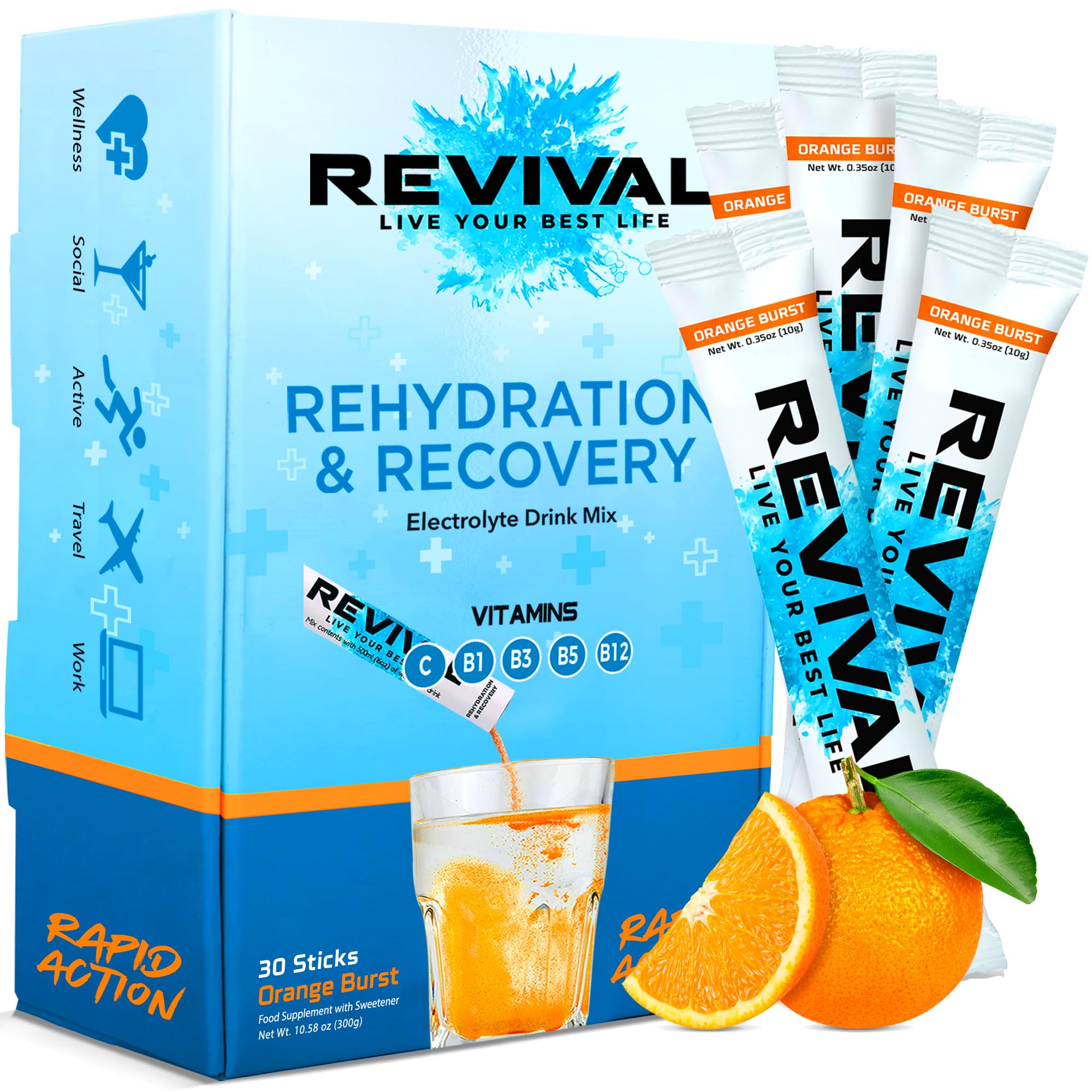 Revival Rapid Rehydration Sachets Electrolytes Powder High Strength Vitamin C, B1, B3, B5, B12 Supplement Sachet Energy Drink, Effervescent Electrolyte Hydration Tablets 30 Pack Orange Flavours