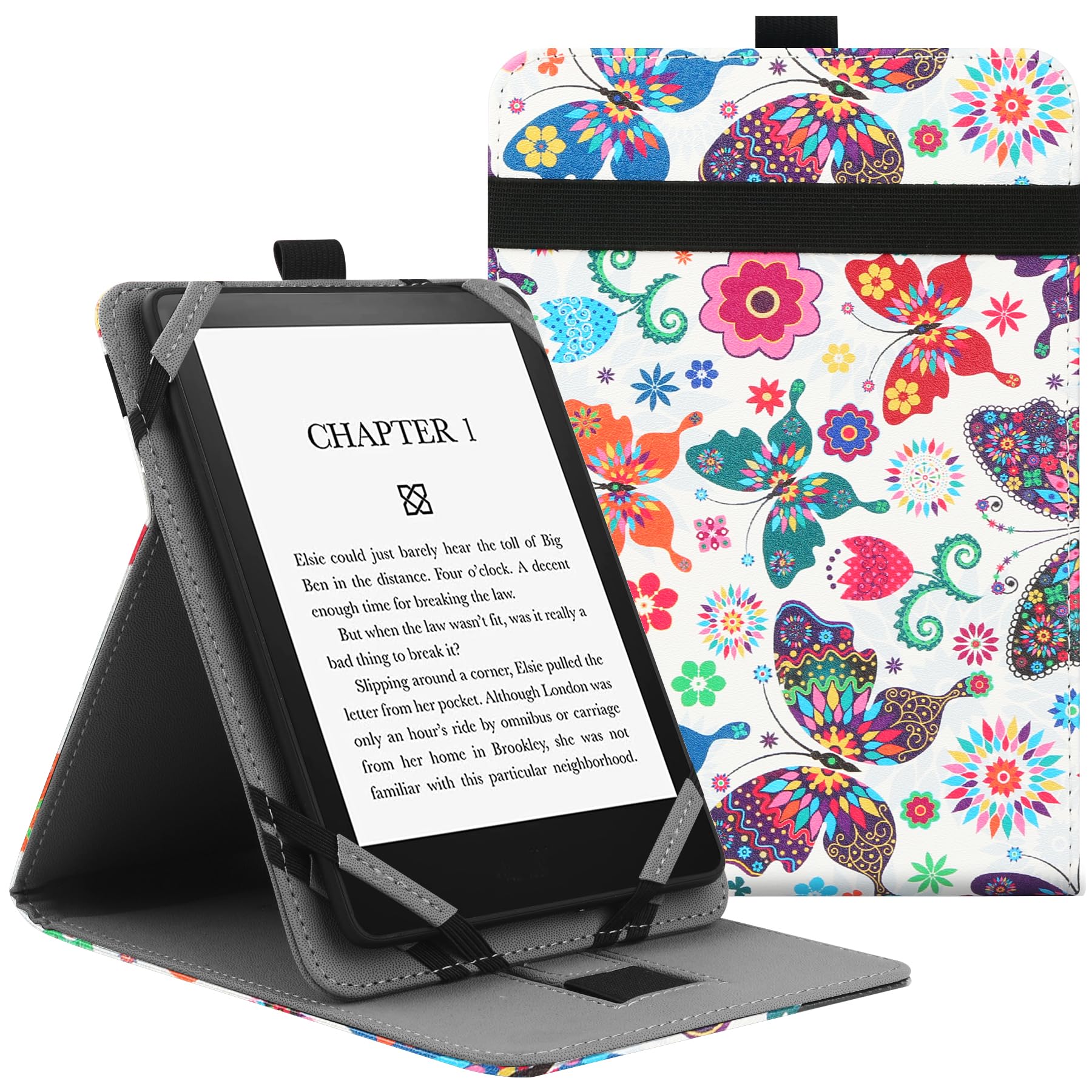 VOVIPO Universal Protective Case for 6" 6.8" 7" kindle paperwhite eReaders, Folio Stand Cover with Handstrap Compatible with kindle paperwhite/Kobo/Tolino/Pocketook/Sony 6/6.8/7 inch-Butterfly