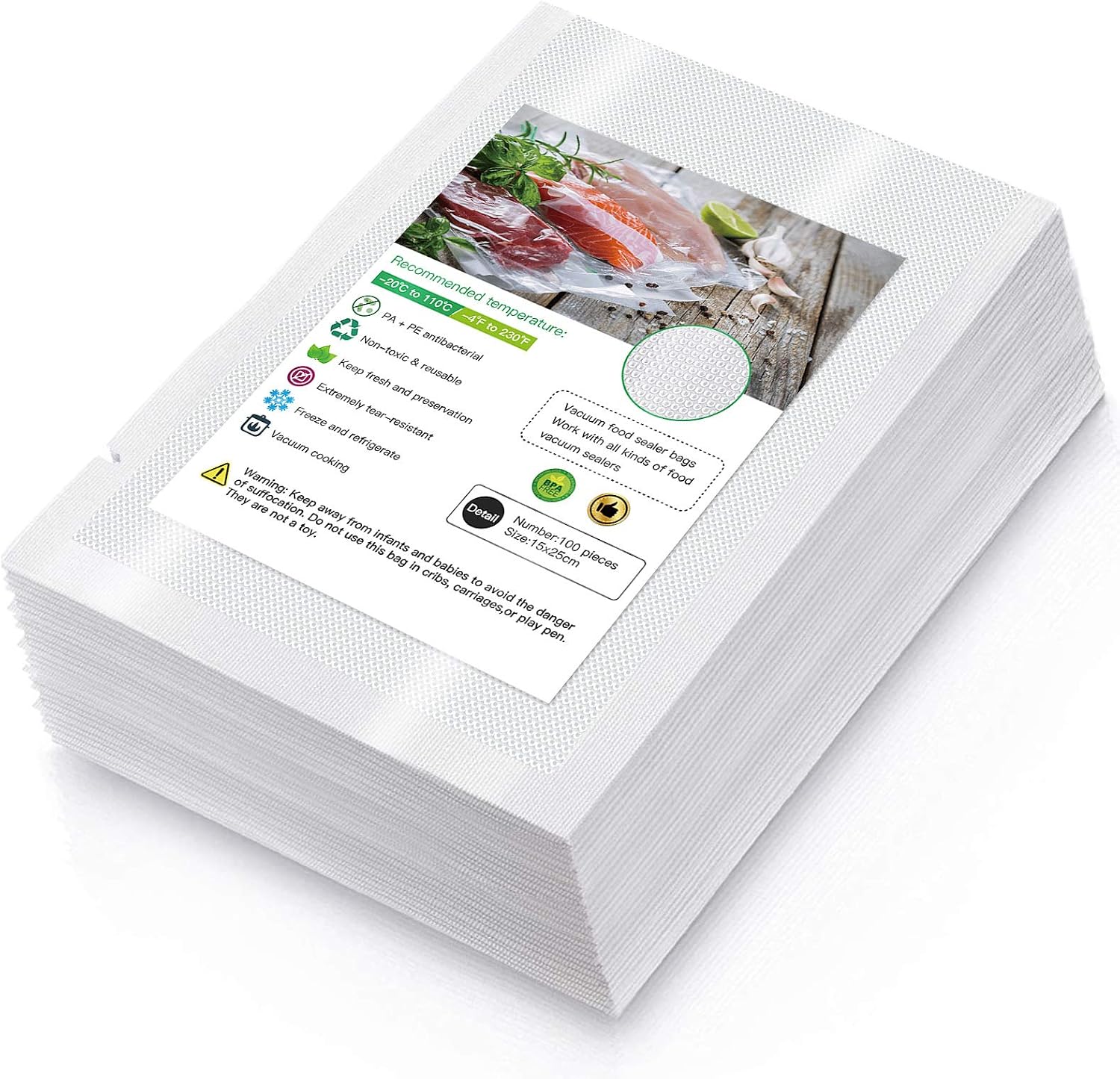Vacuum Food Sealer Bags 15X25cm 100 Bags Commercial Grade Textured Food Vacuum Sealer Bag Thick Embossed Bags Upgrade Design Pre-Cut Bag BPA Free for Food Storage Sous Vide Cooking