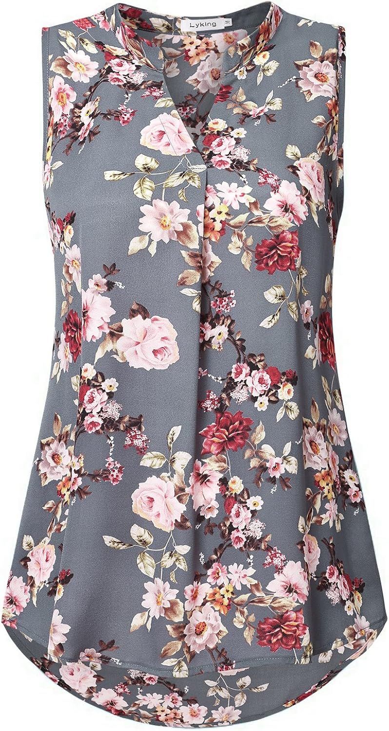 Lyking Women's Henley V Neck Sleeveless Curved Hem Chiffon Blouse Shirts Tank Tops