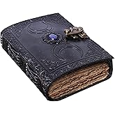 Vintage Leather Journal Semi Precious Witch Stone Triple Moon Design-Lock Closure, 200 Antique Deckle Edge Blank Paper-Book of Shadows, Grimoire Journal, Witch Journal for Men and Women (7x5 Inch, Black)