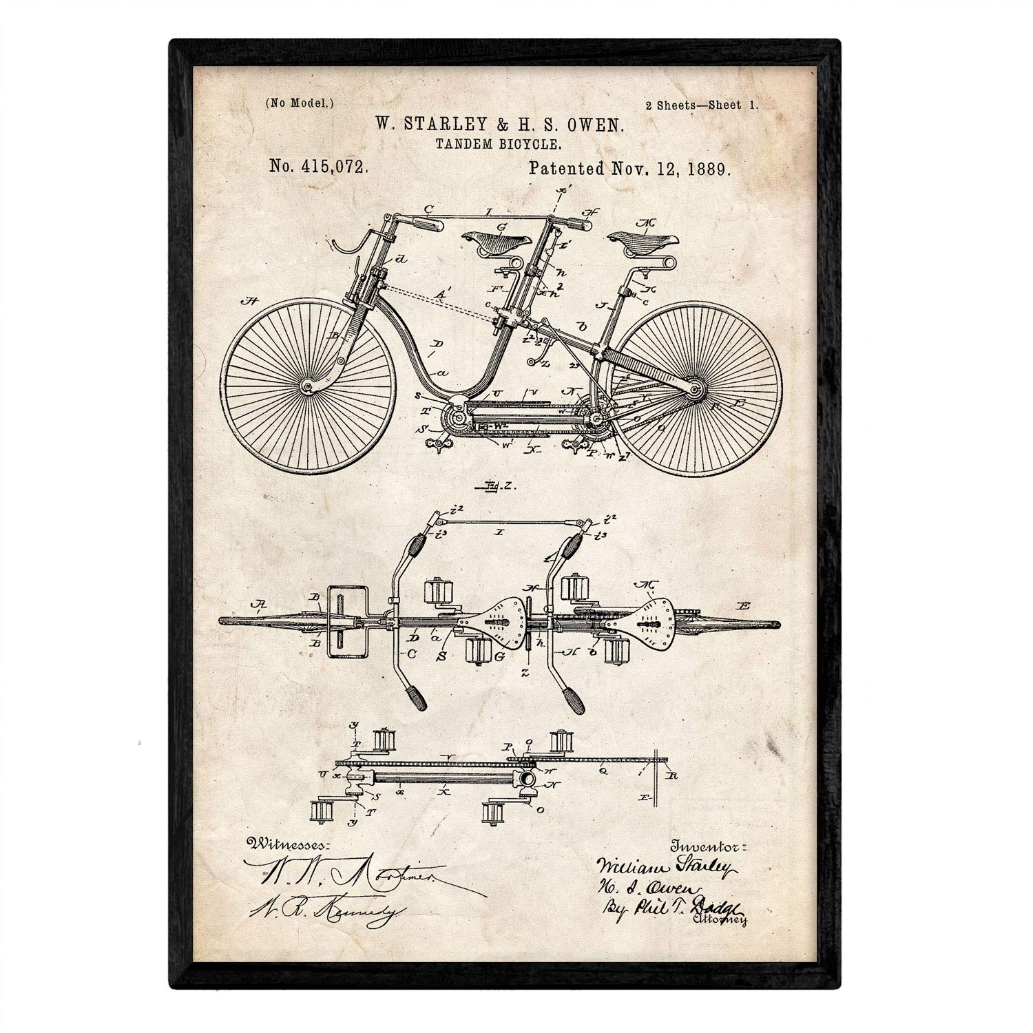 Nacnic Poster patented tandem bicycle. Sheet with old design patent in A3 size and vintage background — image 1