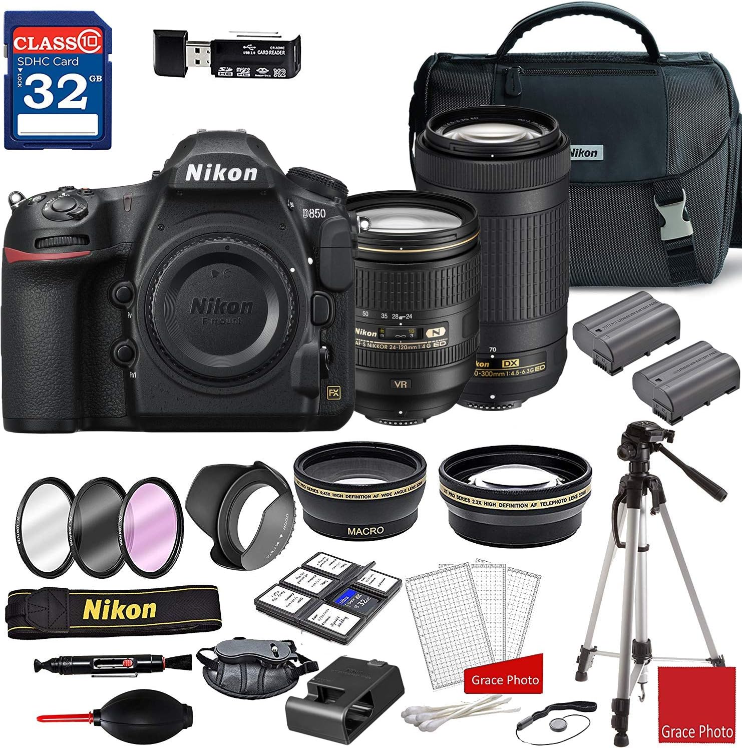 Nikon D850 DSLR Camera with AF-S 24-120mm VR Lens & 70-300mm ED Lens + Deluxe Accessory Kit (2 Battery Bundle)