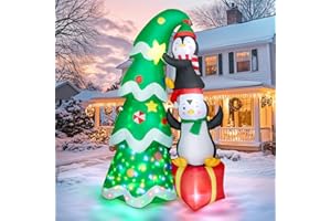 WOTHFAV 7FT Inflatable Christmas Tree Outdoor Decorations, Blow up Christmas Tree with Penguins & Gift Box Yard Decorations, Build-in LED Lights for Holiday Party Indoor Garden Lawn Patio Festive Decor