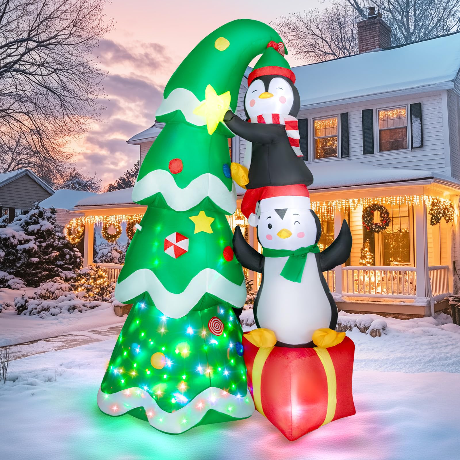 Photo 1 of 7FT Inflatable Christmas Tree Outdoor Decorations, Blow up Christmas Tree with Penguins & Gift Box Yard Decorations, Build-in LED Lights for Holiday Party Indoor Garden Lawn Patio Festive Decor