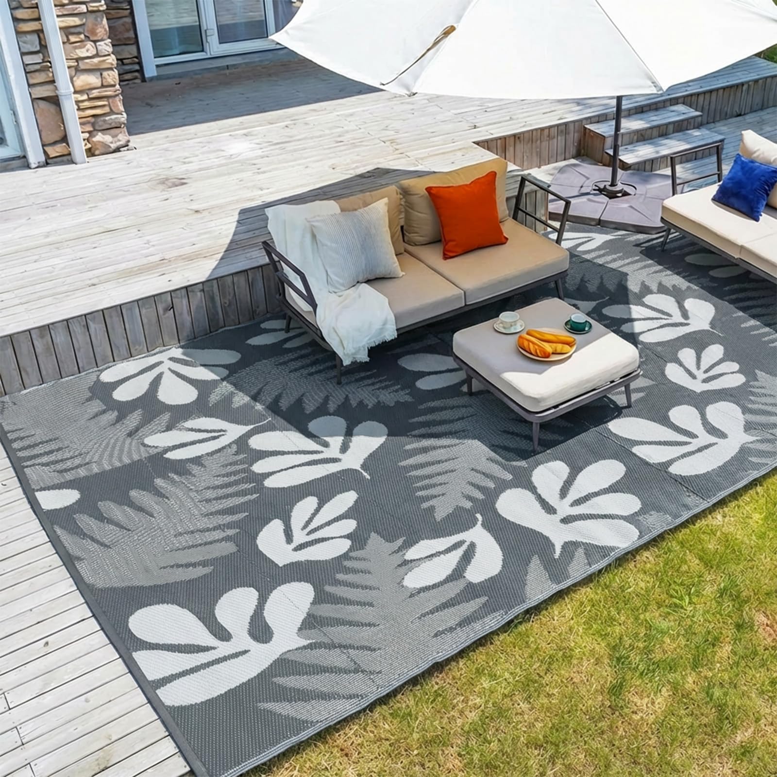 wikiwiki 9x12ft Outdoor Rug, Reversible Plastic Patio Rug Waterproof, Indoor Outdoor Carpet Clearance, Large Area Carpet for Patio Deck Balcony Pool RV Camping Beach Picnic, Grey Small Leaves Image