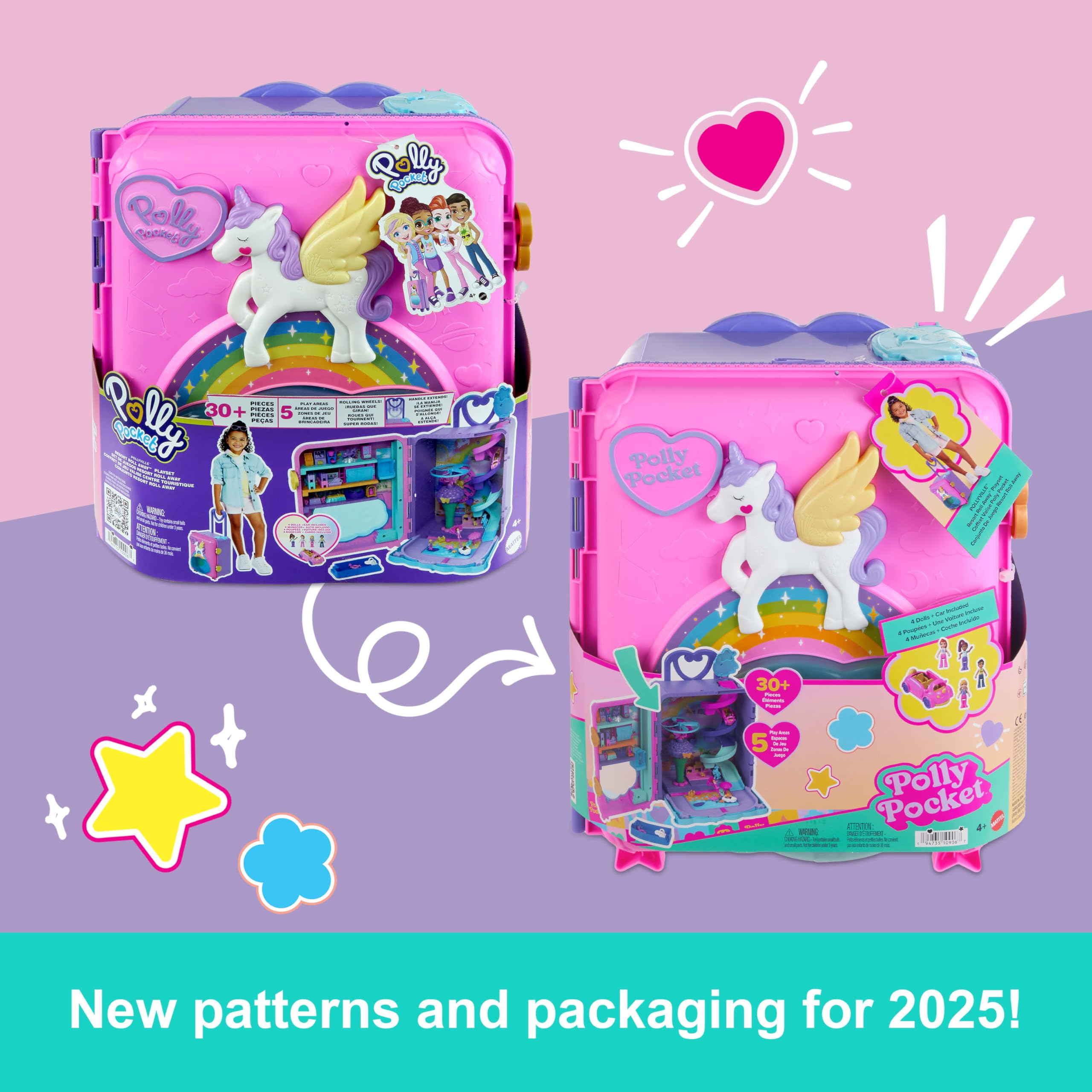 Polly Pocket Pollyville Playset, Resort Rollaway Suitcase, Large Travel Toy with 4 Dolls, Car, 25+ Accessories & Storage
