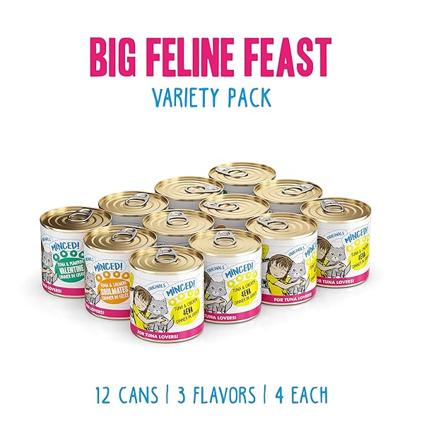 WERUVA BFF MINCED NATURAL WET CAT FOOD, BIG FELINE FEAST VARIETY PACK, 10OZ CAN, PACK OF 12