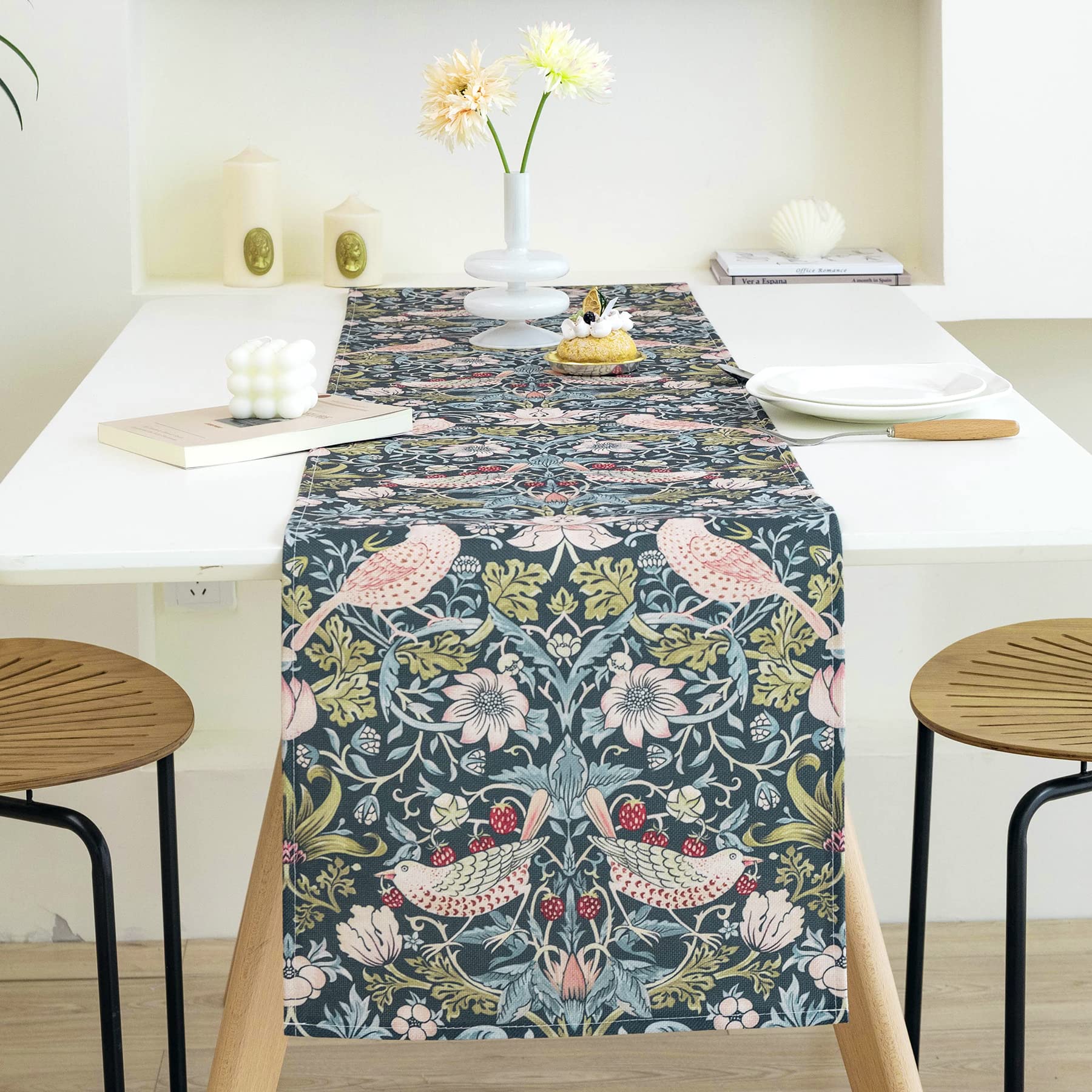 Obal William Morris Table Runner, Green floral table runner Heat resistant washable Non-slip Table Cloth for Dining Table Coffee Table Kitchen Party Wedding Decor 90x14 Inches, Strawberry Thief