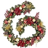 WBHome Pre-lit 9 Feet/108 Inch Christmas Garland Classic Red&Gold Themed with 50 LED Lights Holiday Decorations, Battery Operated (Batteries NOT Included)