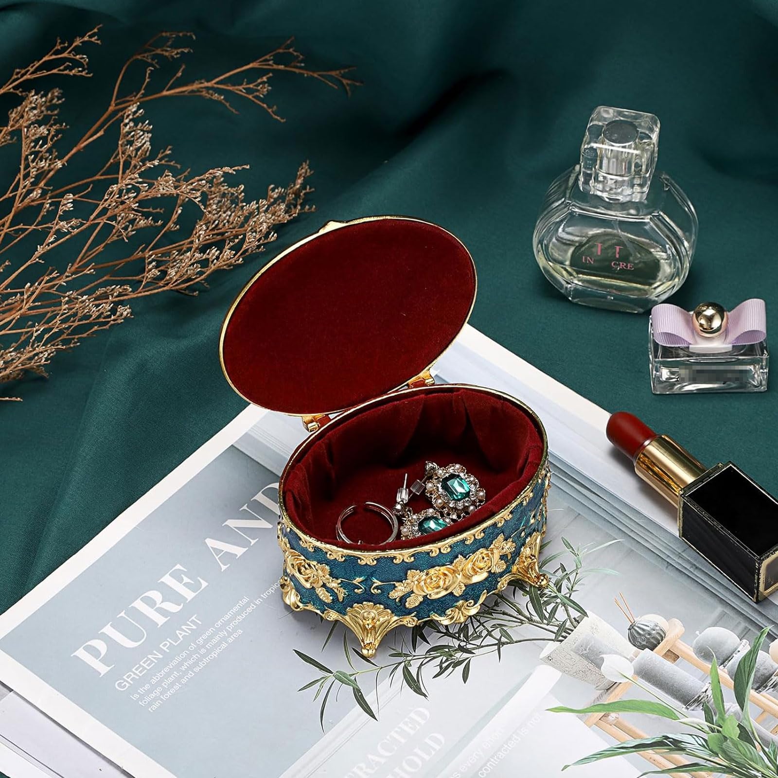Hipiwe Vintage Metal Jewelry Box - Oval Trinket Box Ring Case with Rose Pattern Jewelry Storage Box for Ring Earrings Necklace, Keepsake Box for Women