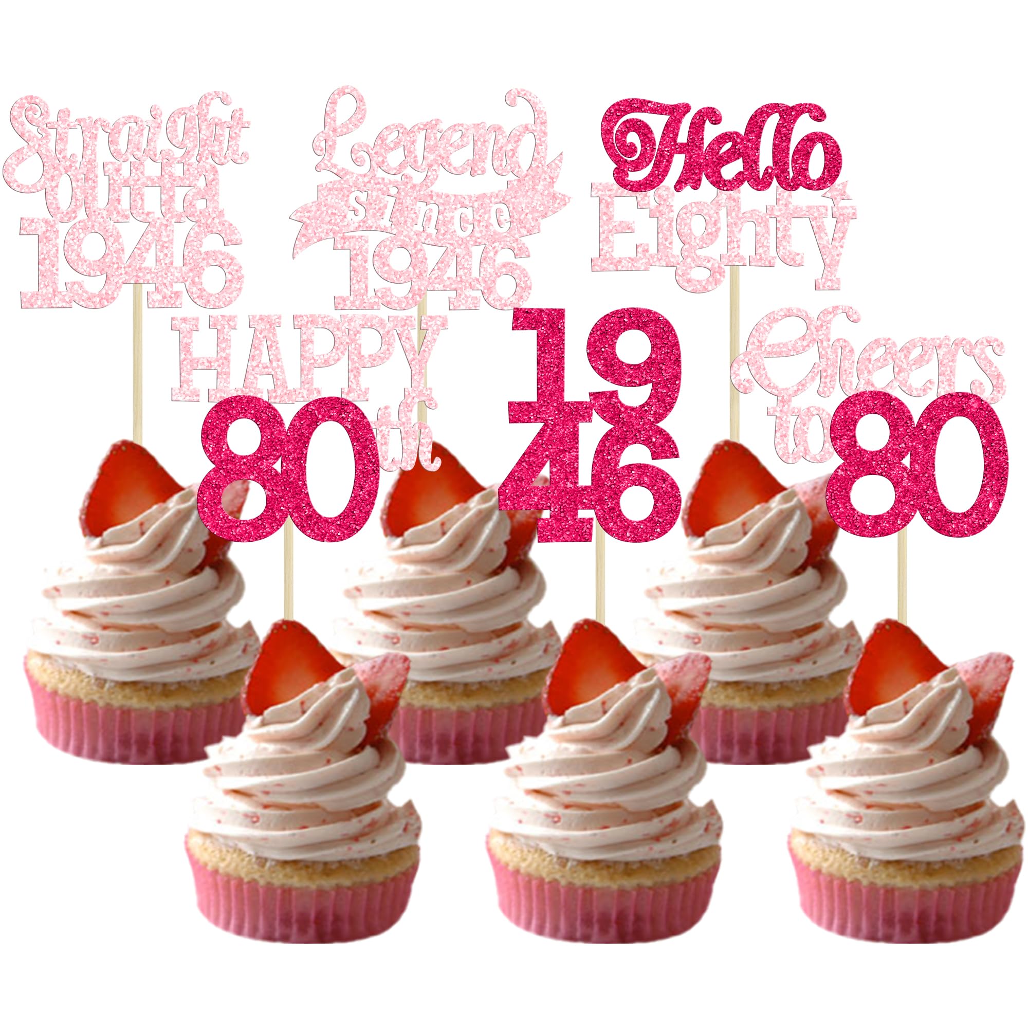 Gyufise 24Pcs Happy 80th Birthday Cupcake Toppers Hello Eighty Legend Since 1946 Cupcake Picks Cheers to 80 Years Cake Decorations for 80th Birthday Anniversary Party Supplies Pink Rose Red