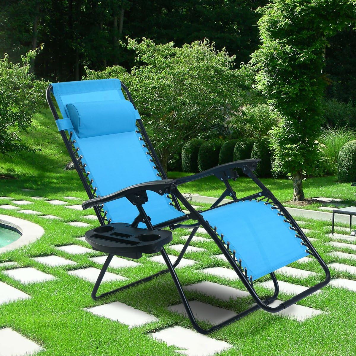 Goplus Zero Gravity Chair Set 2 Pack Adjustable Folding Lounge Recliners for Patio Outdoor Yard Beach Pool w/Cup Holder, 300-lb Weight Capacity (Light Blue) : Garden & Outdoor