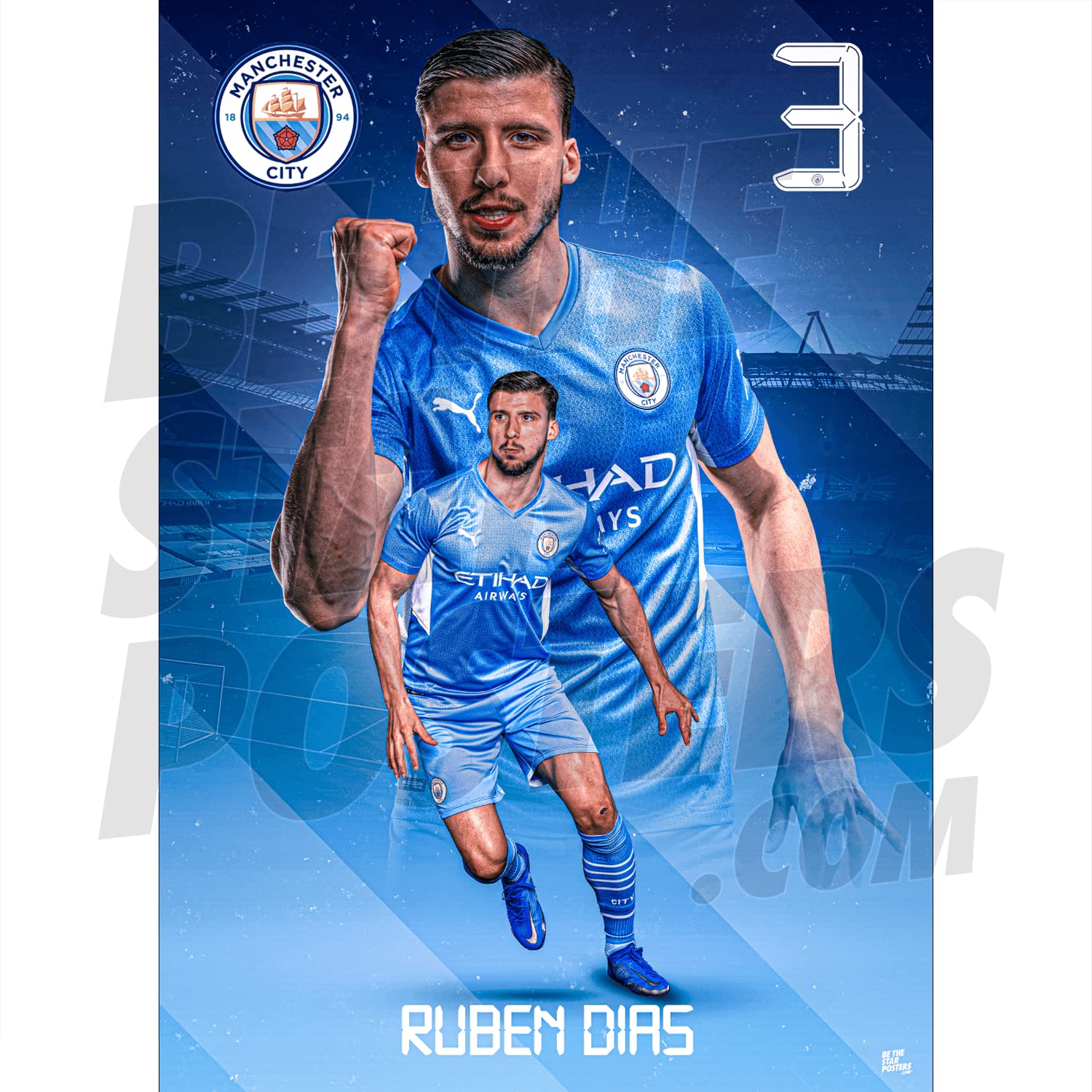 Be The Star Posters Man City FC Dias Action 21/22 Poster A2 - Officially Licensed Product, Blue, 16.5 x 23.3 inches